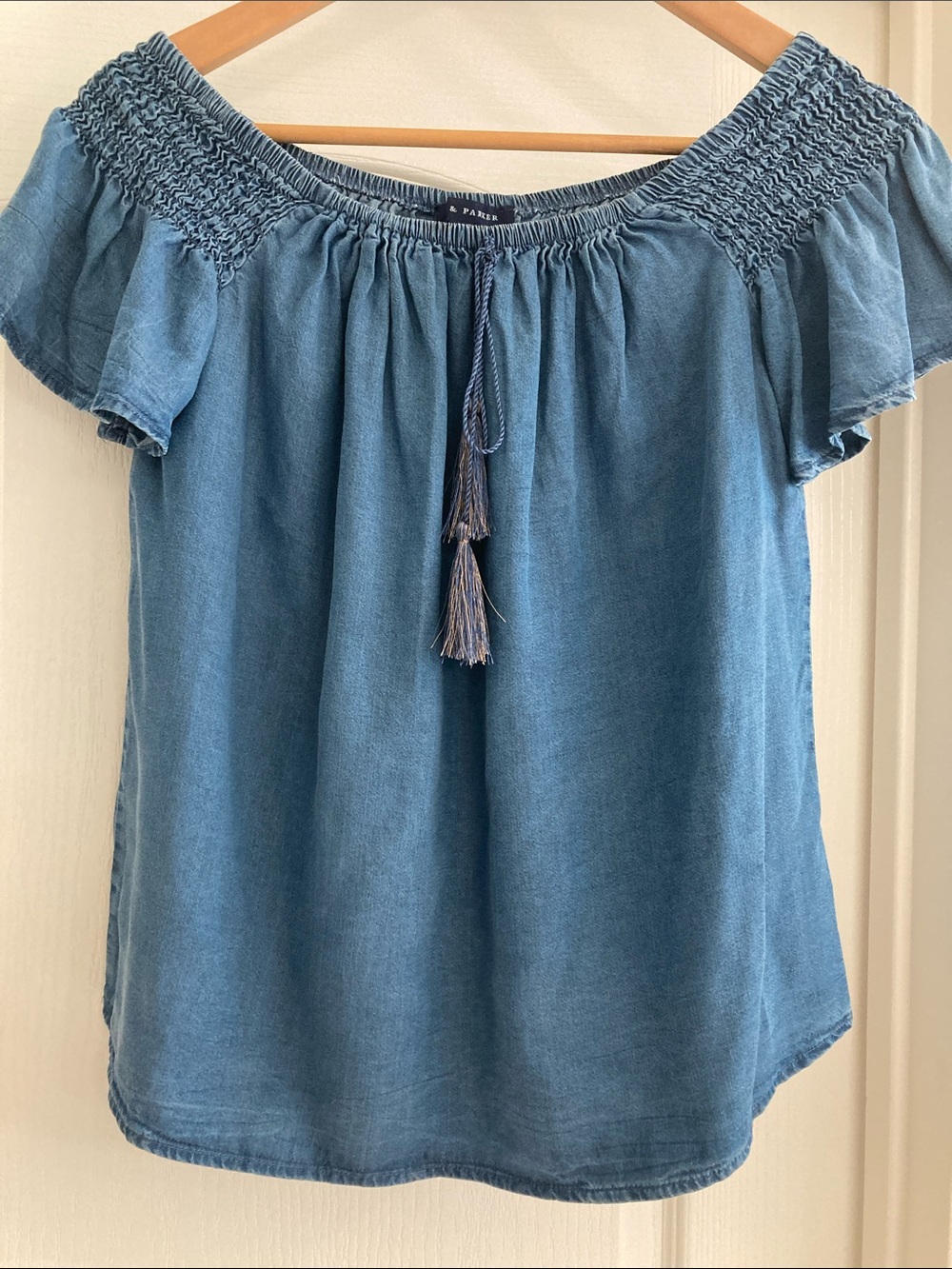 Off-Shoulder Blue Smocked Tassel Blouse 100% Tencel